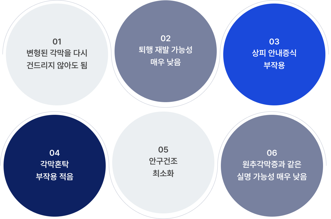 01 변형된 각막을 다시 건드리지 않아도 됨, 02.퇴행 재발 가능성 매우 낮음 03.  상피 안내증식
                            부작용 04 각막혼탁 부작용 05 안구건조 최소화 적음 06 원추각막증과 같은 실명 가능성 매우 낮음 이미지 